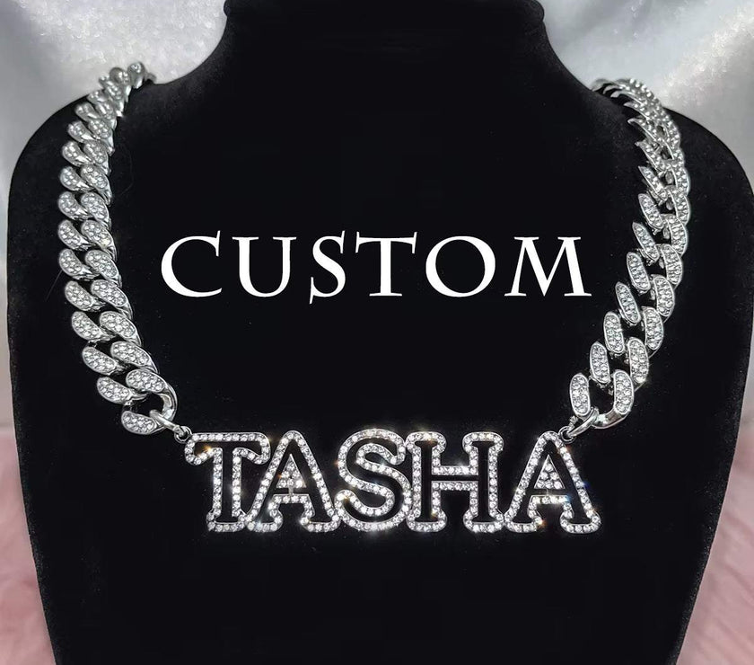 Custom Bling Name Necklace Zircon Name Necklace 12Mm Miami Cuban Link Choker 3D Hollow Name Pendant Men Necklace Father Day Gift