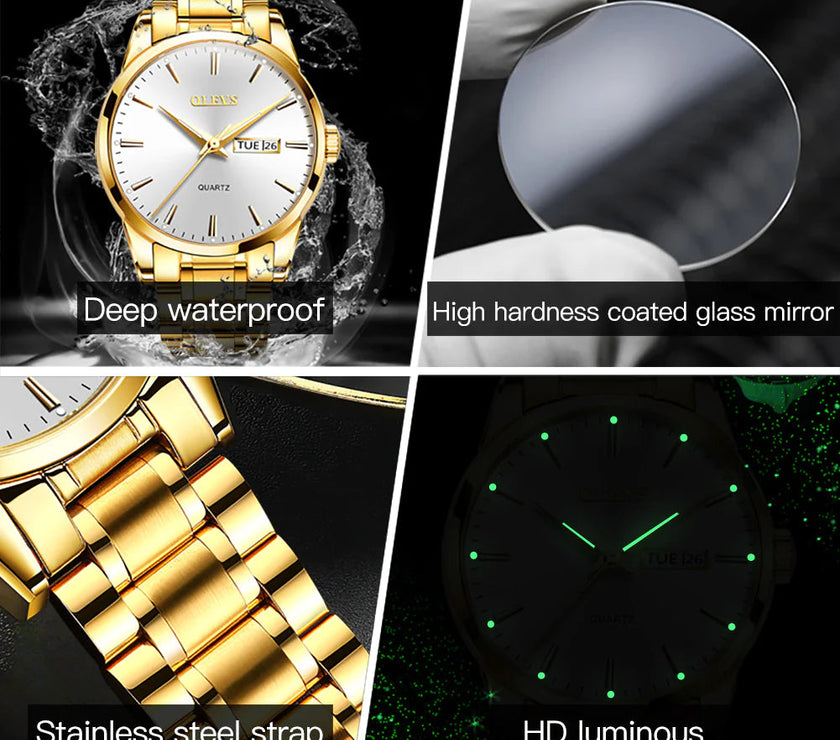OLEVS Men Watches Waterproof Stainless Steel Quartz Male Wristwatch Men Gold Watch Fashion Luminous Luxury Watches for Men