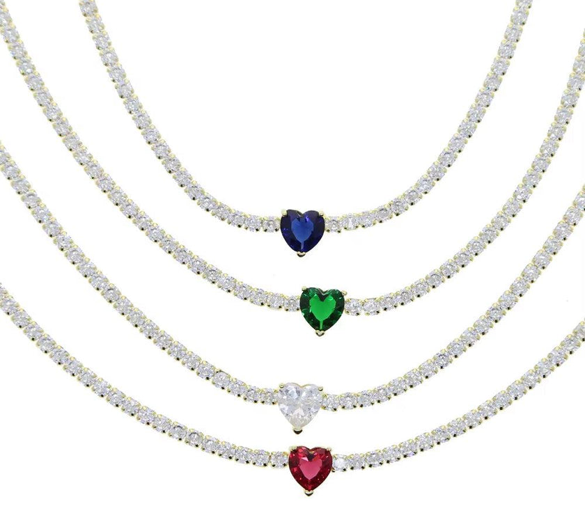 Valentine'S Day Gift Heart Design Fashion Jewelry Gold Color 3Mm CZ Tennis Chain Colorful Heart Stone Choker Necklace