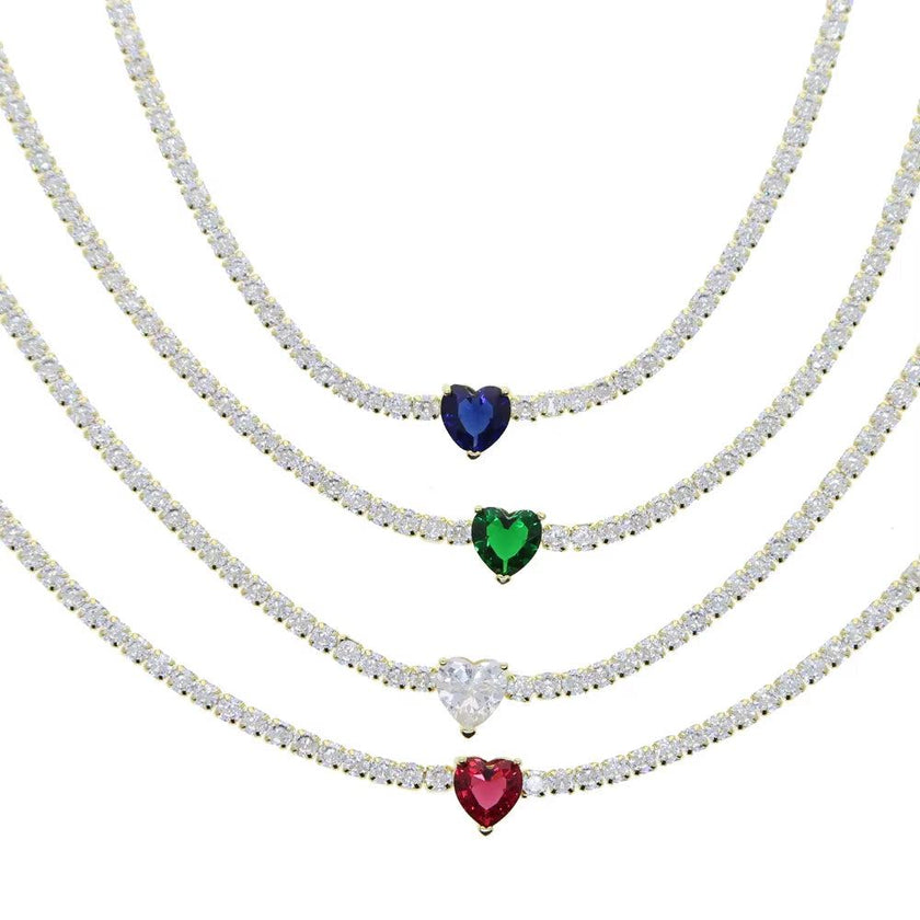 Valentine'S Day Gift Heart Design Fashion Jewelry Gold Color 3Mm CZ Tennis Chain Colorful Heart Stone Choker Necklace