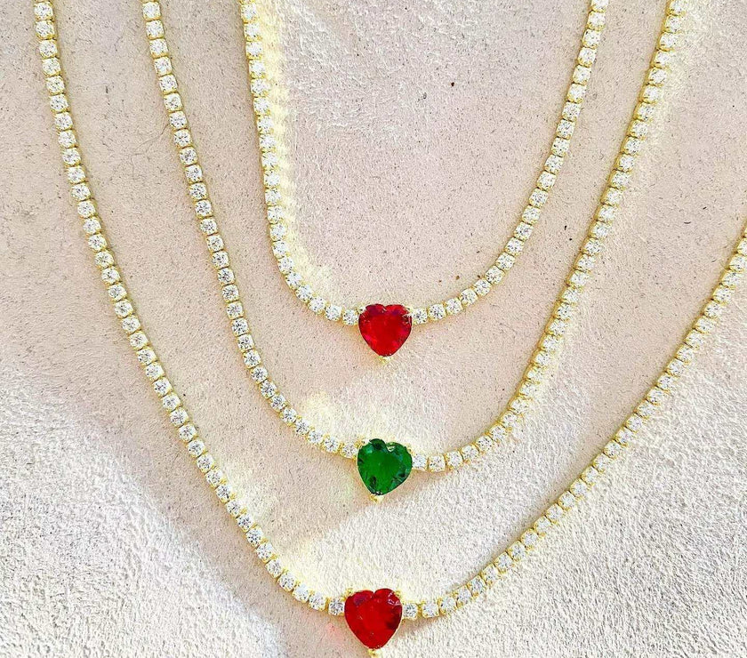 Valentine'S Day Gift Heart Design Fashion Jewelry Gold Color 3Mm CZ Tennis Chain Colorful Heart Stone Choker Necklace