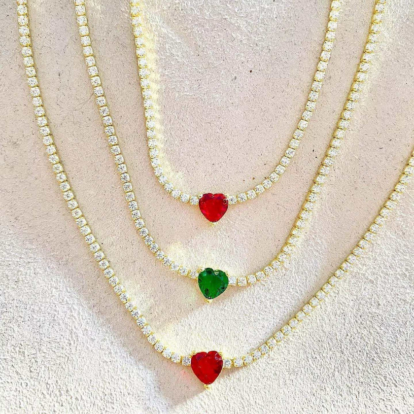 Valentine'S Day Gift Heart Design Fashion Jewelry Gold Color 3Mm CZ Tennis Chain Colorful Heart Stone Choker Necklace
