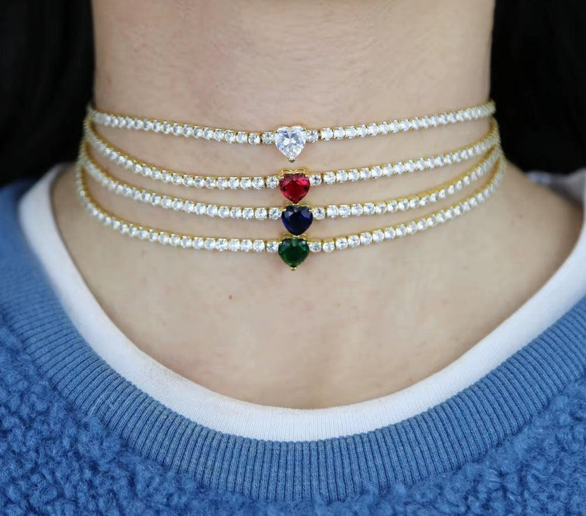 Valentine'S Day Gift Heart Design Fashion Jewelry Gold Color 3Mm CZ Tennis Chain Colorful Heart Stone Choker Necklace