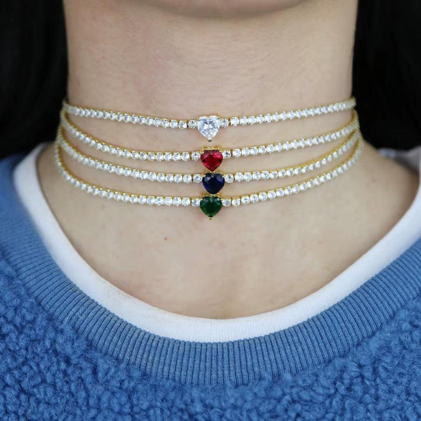 Valentine'S Day Gift Heart Design Fashion Jewelry Gold Color 3Mm CZ Tennis Chain Colorful Heart Stone Choker Necklace