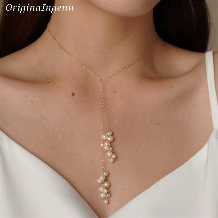 Real 14K Gold Filled Y Necklace Natural Pearl Necklace Gold Choker Handmade Pendants Collier Femme Kolye Collares Boho Jewelry