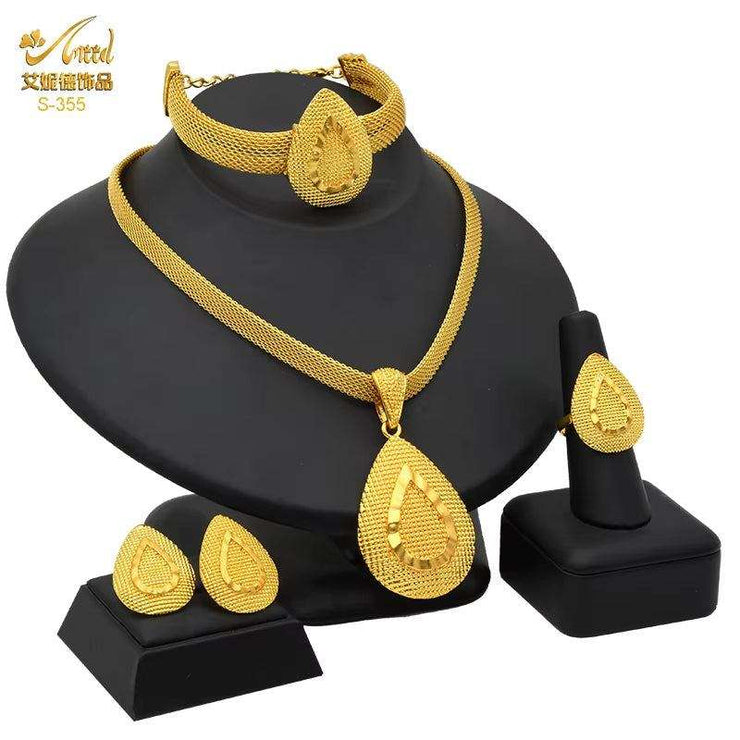 Dubai 24K Gold Color Jewelry Set for Women African Nigerian Necklace Set Earrings and Bracelets Bridal Indian Fashion