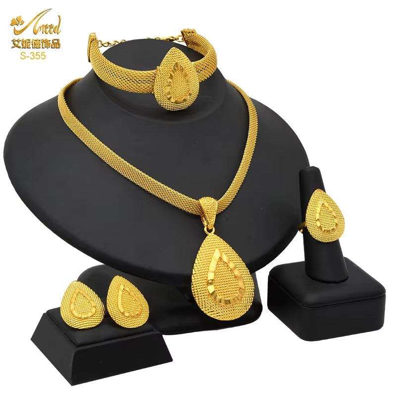 Dubai 24K Gold Color Jewelry Set for Women African Nigerian Necklace Set Earrings and Bracelets Bridal Indian Fashion