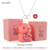 Women's Red Eternal Rose Teddy Bear with Stainless Steel Custom Names Necklace Jewelry Gifts Set for Woman Valentine'S Gift