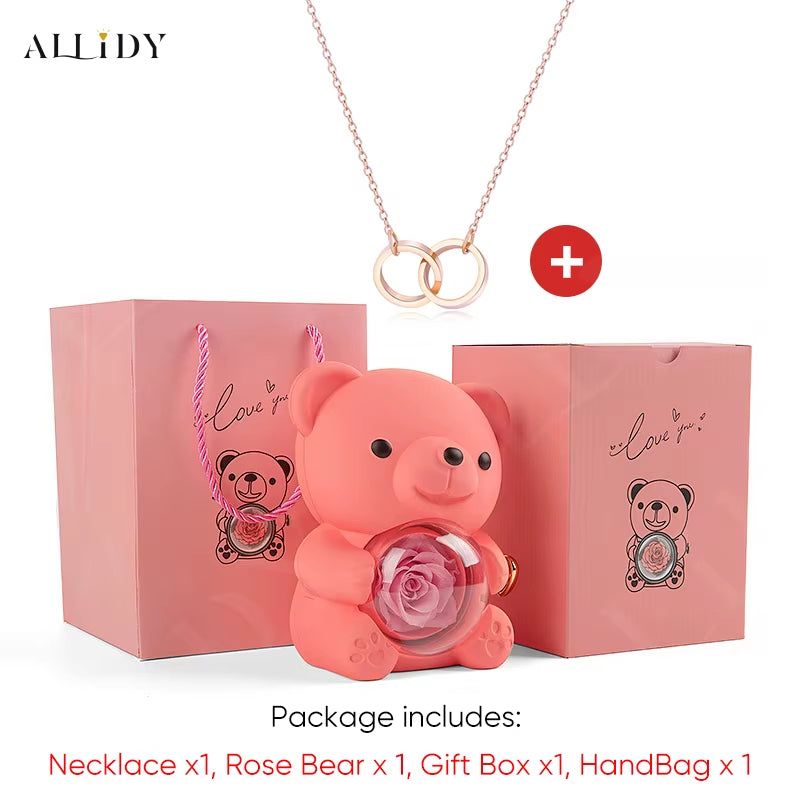 Women's Red Eternal Rose Teddy Bear with Stainless Steel Custom Names Necklace Jewelry Gifts Set for Woman Valentine'S Gift
