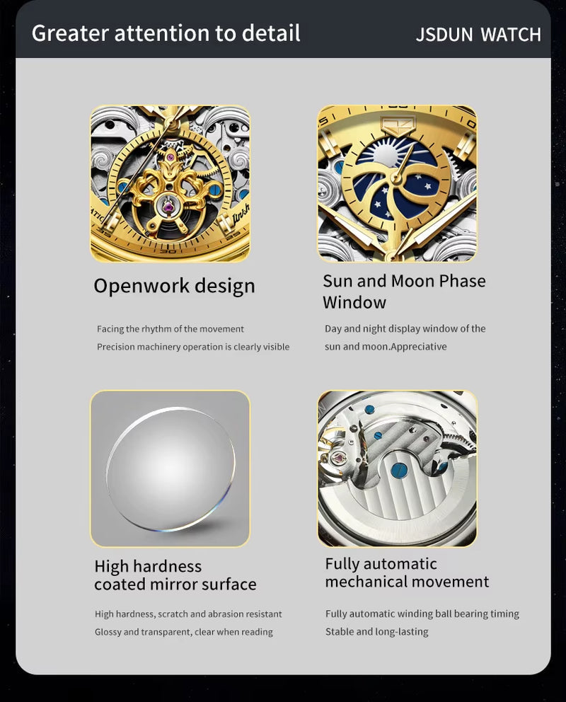 JSDUN Certified Automatic Watch for Men Skeleton Stainless Steel Waterproof Watches Business Gold Watch Top Brand Men'S Watches