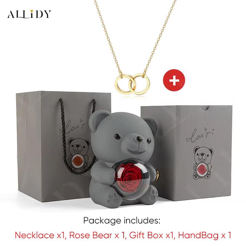 Women's Red Eternal Rose Teddy Bear with Stainless Steel Custom Names Necklace Jewelry Gifts Set for Woman Valentine'S Gift
