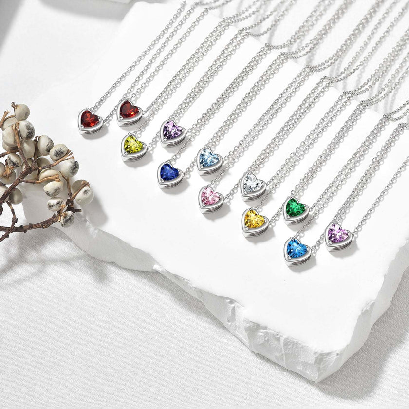 Dainty Silver Necklace Women 925 Sterling Silver Birthstone Love Heart Necklace, Birthday Valentines Gift