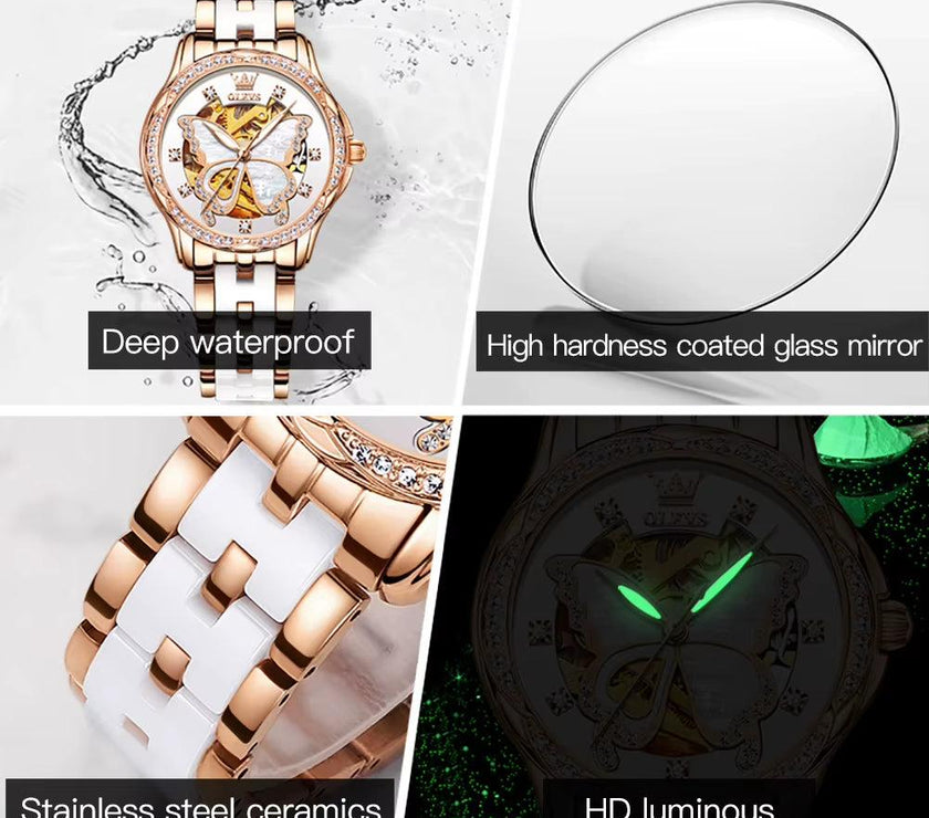 Automatic Watches for Women Luxury Rose Gold Skeleton Mechanical Waterproof Luminous Women Bracelets Watches Elegant Set