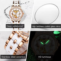 Automatic Watches for Women Luxury Rose Gold Skeleton Mechanical Waterproof Luminous Women Bracelets Watches Elegant Set