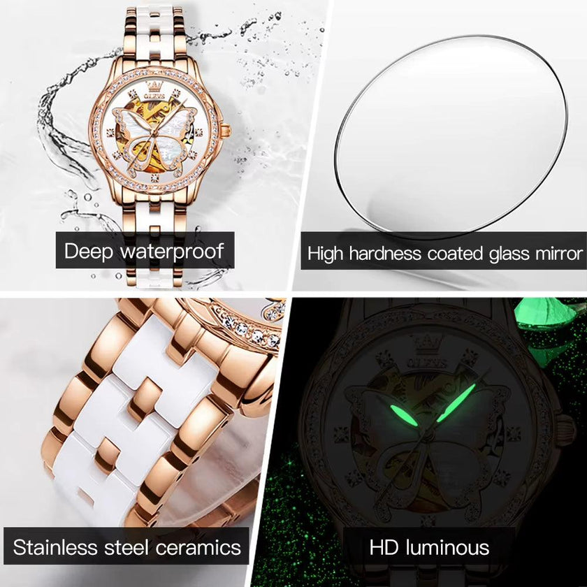 Automatic Watches for Women Luxury Rose Gold Skeleton Mechanical Waterproof Luminous Women Bracelets Watches Elegant Set