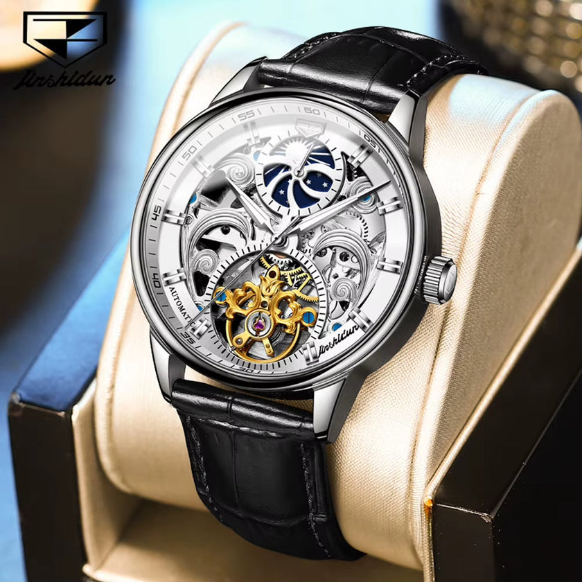 JSDUN Certified Automatic Watch for Men Skeleton Stainless Steel Waterproof Watches Business Gold Watch Top Brand Men'S Watches