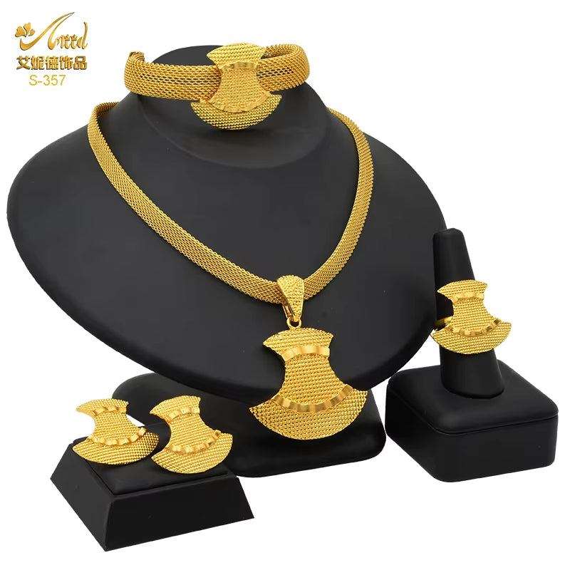 Dubai 24K Gold Color Jewelry Set for Women African Nigerian Necklace Set Earrings and Bracelets Bridal Indian Fashion