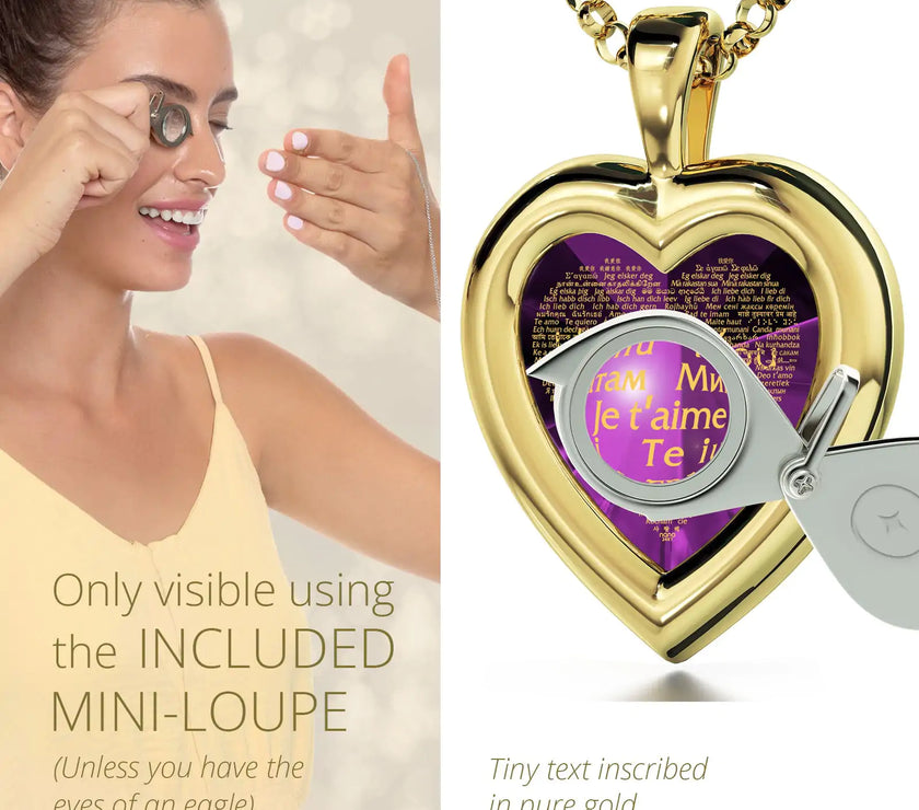Gold Plated Silver Heart Pendant I Love You Necklace 120 Languages 24k Gold Inscribed