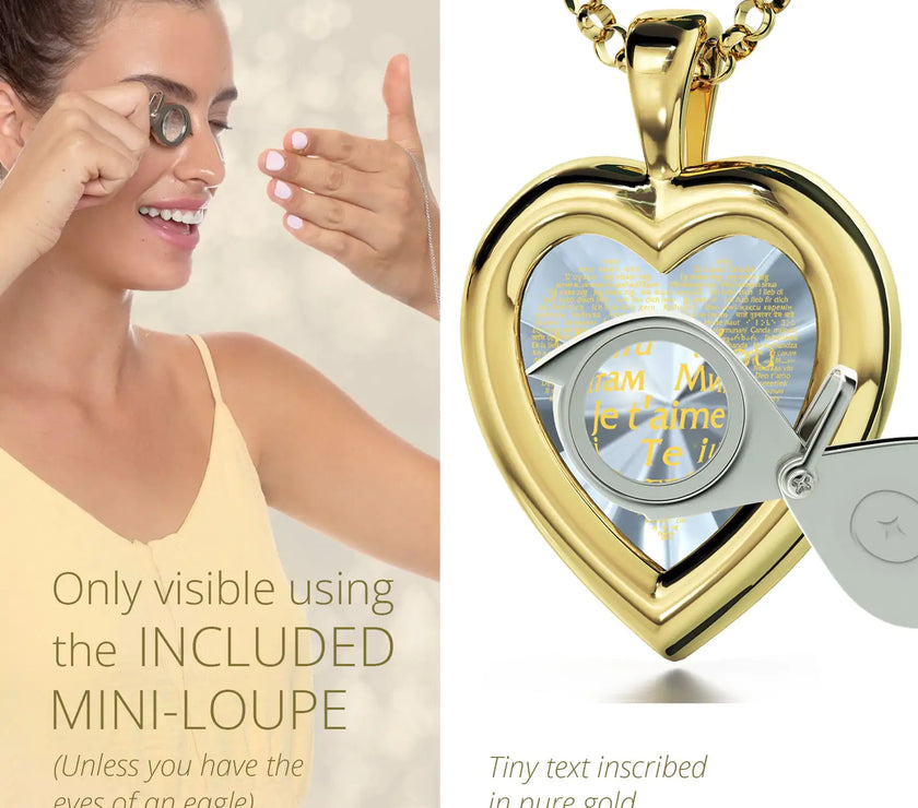 Gold Plated Silver Heart Pendant I Love You Necklace 120 Languages 24k Gold Inscribed