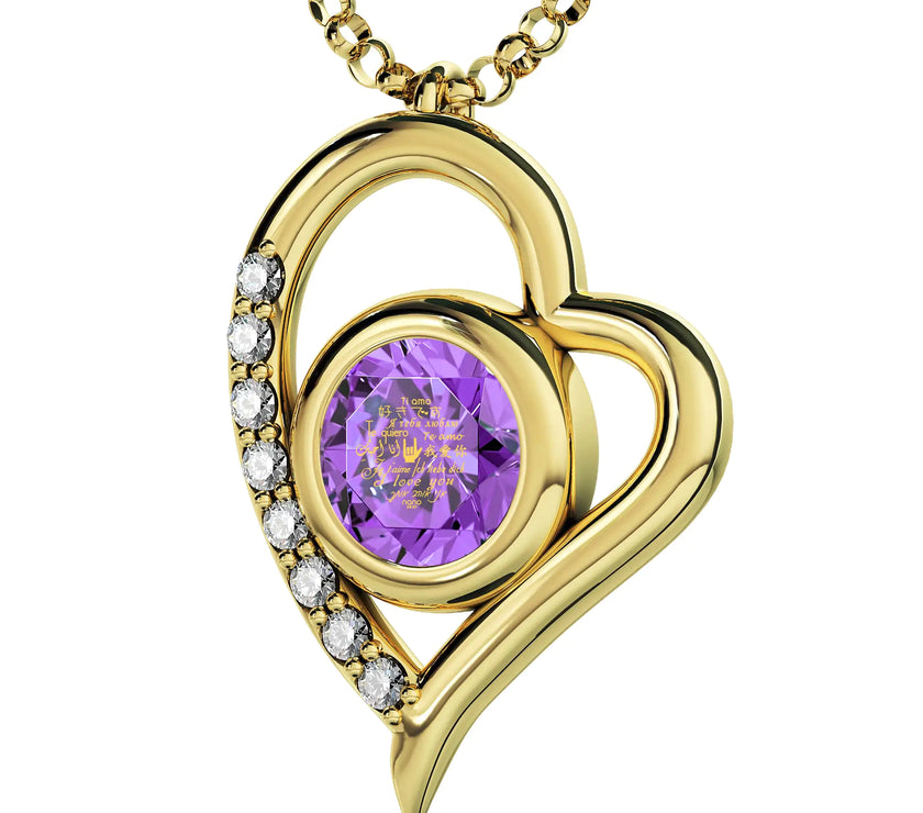 Gold Plated Silver I Love You Necklace Heart Pendant 12 Languages 24k Gold Inscribed