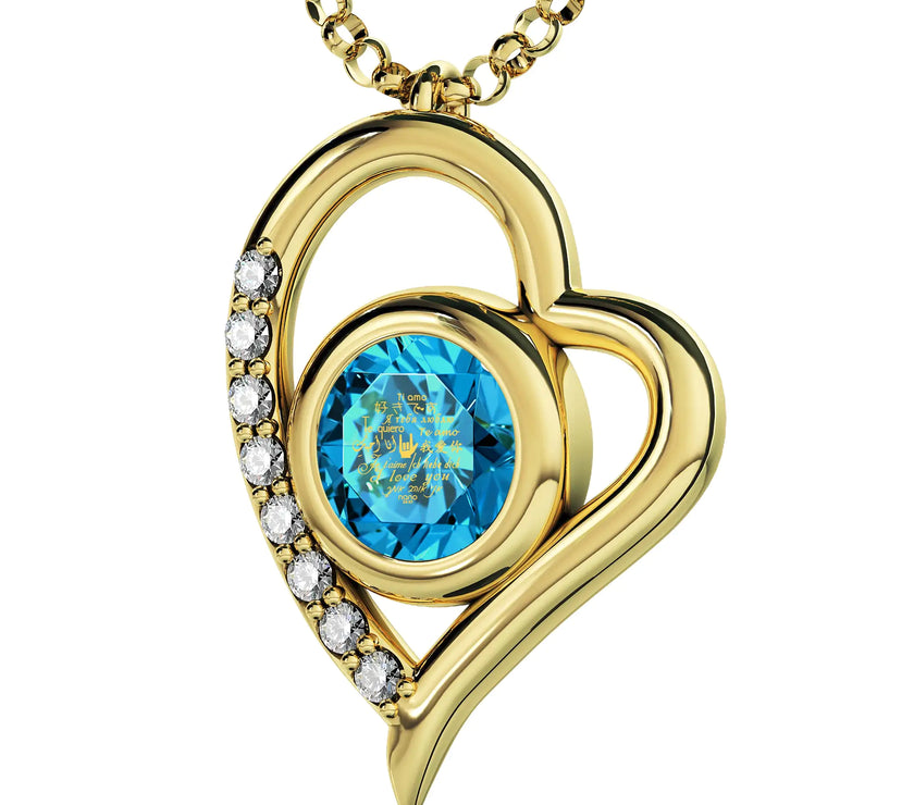 Gold Plated Silver I Love You Necklace Heart Pendant 12 Languages 24k Gold Inscribed