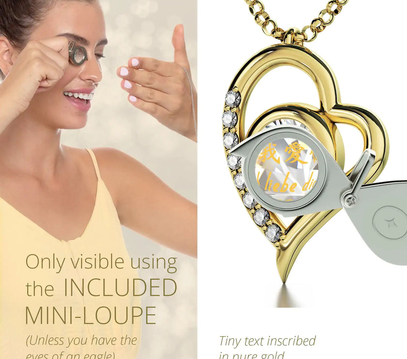Gold Plated Silver I Love You Necklace Heart Pendant 12 Languages 24k Gold Inscribed