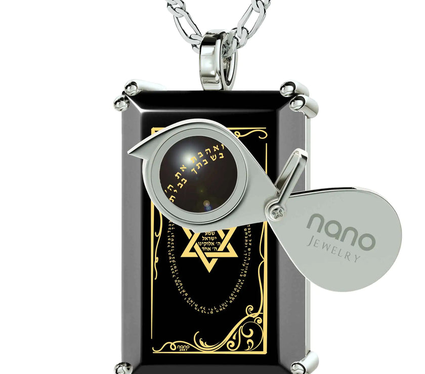 Men's Star of David Necklace Shema Israel Pendant 24k Gold Inscribed on Onyx