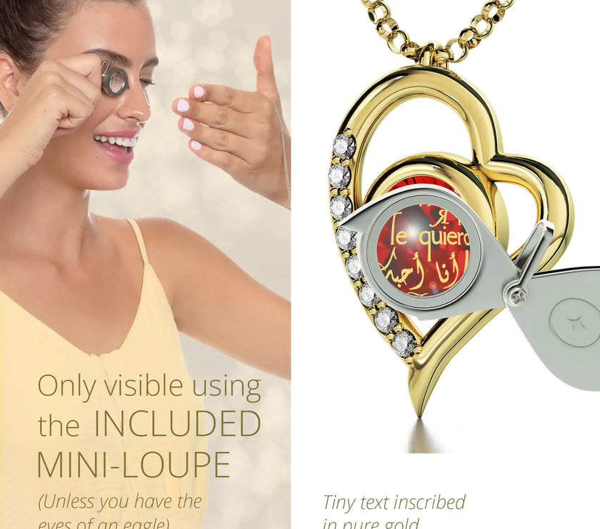 Gold Plated Silver I Love You Necklace Heart Pendant 12 Languages 24k Gold Inscribed