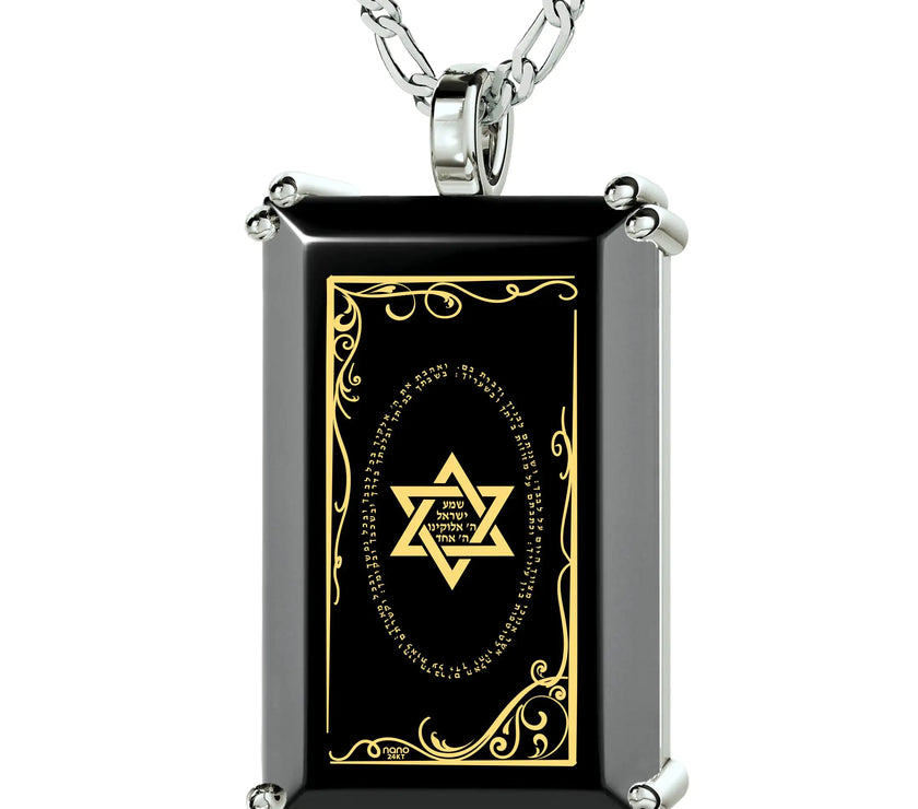 Men's Star of David Necklace Shema Israel Pendant 24k Gold Inscribed on Onyx