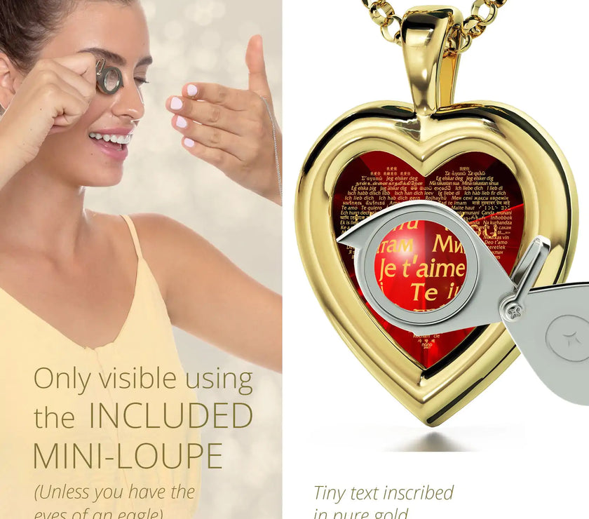 Gold Plated Silver Heart Pendant I Love You Necklace 120 Languages 24k Gold Inscribed