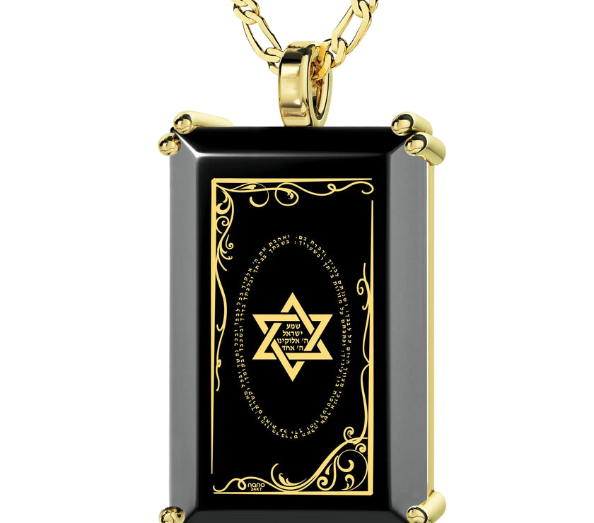 Men's Star of David Necklace Shema Israel Pendant 24k Gold Inscribed on Onyx