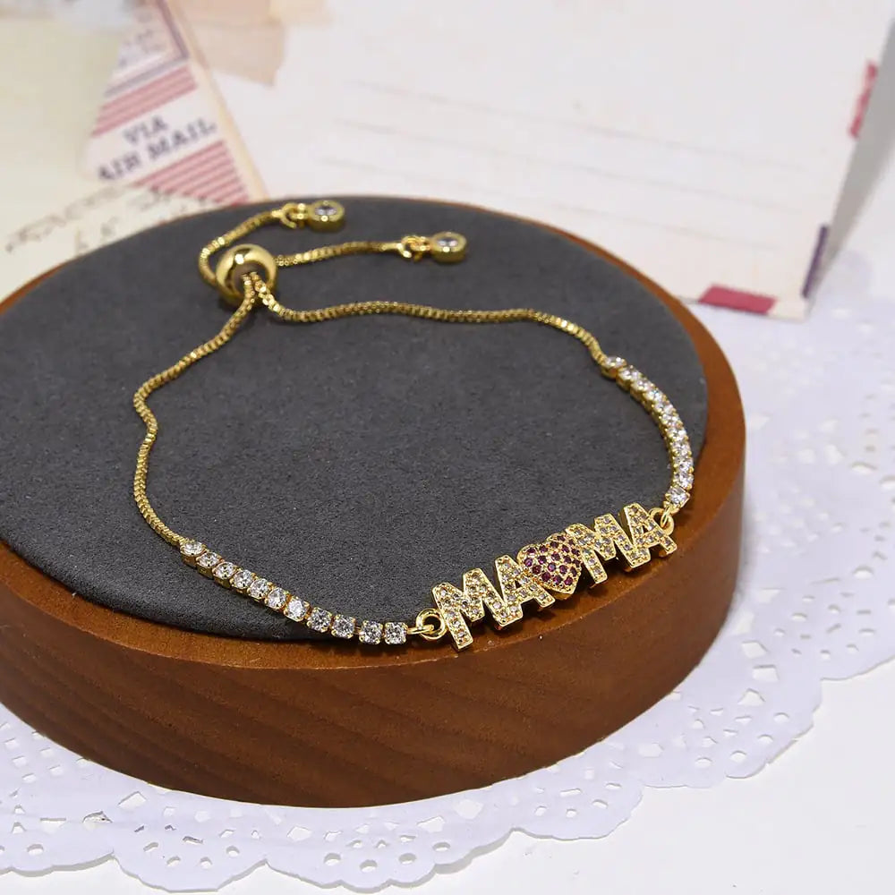 Gold Heart Push-Pull Bracelet with Color Zirconium for Women