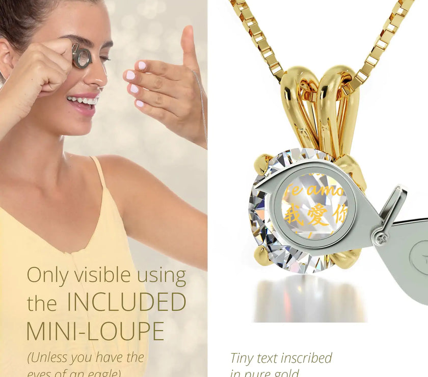 Gold Plated Silver I Love You Necklace Solitaire Pendant 12 Languages 24k Gold Inscribed